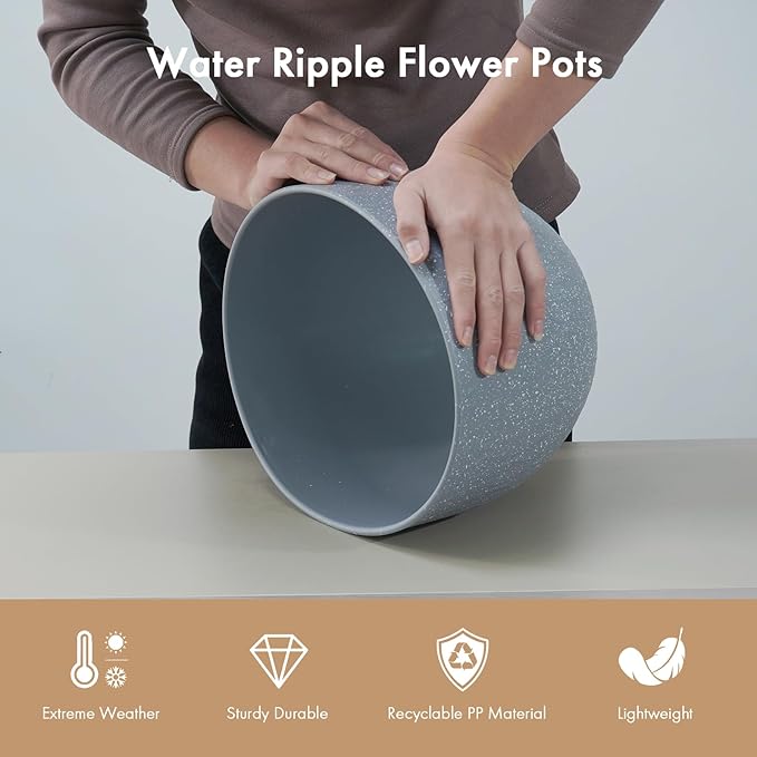 12 Inch Wide Water Ripples Flower Pots for Indoor or Outdoor Plants Large Plant Pots with Drainage Holes &amp Saucer Plastic Planters Set for Garden &amp Home Decor (Grey with White Speckles)