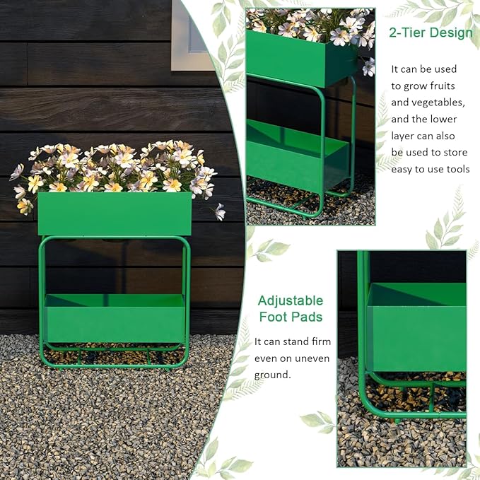 Raised Garden Bed 2 Tier Outdoor Metal Planter Box Plant Stand with Drainage Planter Holder Rack Fruit Vegetables and Flowers Can Be Grown Green