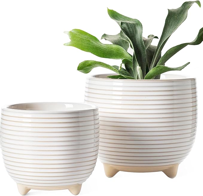 LE TAUCI Ceramic Plant Pots 5.1 + 6.4 Inch Footed Pots for Plants Modern Flower Pots for Home and Office Indoor Planters with Drainage Reactive Glaze White