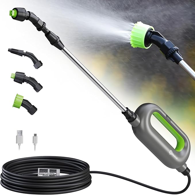 Battery Powered Sprayer Wand Garden Electric Sprayer 24.5 Telescopic Wand with 20 FT Hose 7.2V Voltage 3 Adjustable Nozzles Portable USB-C Rechargeable Water Spray for Lawn and Outdoor