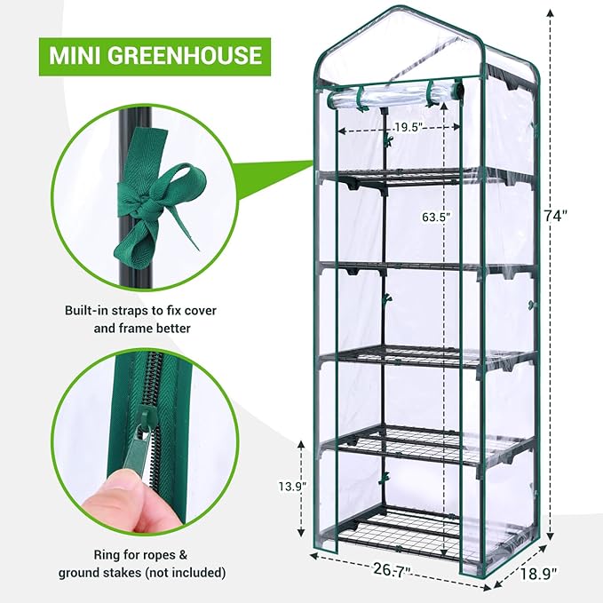 Mini Greenhouse for Outdoors Indoor: Ohuhu Small Plants Green House with 5 Tier Shelves Portable Plastic Greenhouses with Heavy Duty Transparent PVC Cover for Garden Patio Backyard Porch Balcony