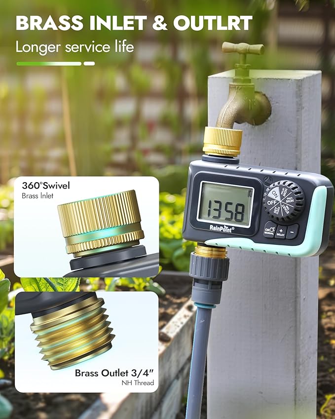 RAINPOINT Sprinkler Timer with Brass Inlet &amp Outlet Programmable Hose Timer for Garden Soaker Hose with Rain Delay/Manual Watering System Digital Drip Irrigation for Yard Lawn(2PCS)