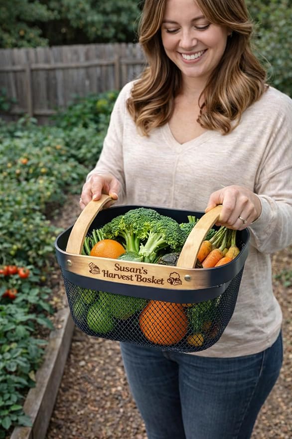 Harvest Basket Plastic Mesh Garden Hod with Personalized Bamboo Handle – Lightweight Vegetable Harvest Basket for Gardening Washing and Carrying Produce