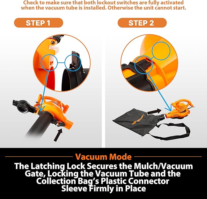LawnMaster BV1210 Electric Blower Vacuum Mulcher 12 Amp 2-Speed Adjustment with Metal Impeller 240 MPH 380 CFM 16:1 Mulch Ratio with Collection Bag