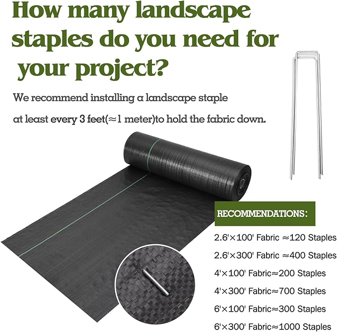 HongWay 4FT x 100FT Weed Barrier Landscape Fabric Weed Blocker Fabric Heavy Duty with 40 U-Shaped Staples Landscaping Weed Control Mats Ground Cover for Garden Beds Driveway Underlayment