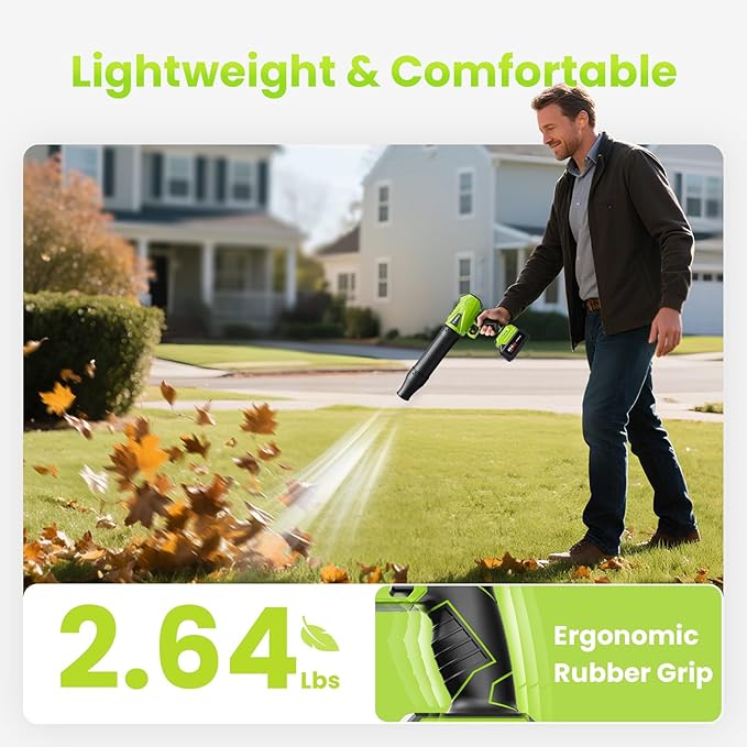 Leaf Blower Cordless 48 V Dual Batteries 30000 RPM Turbo Jet Blower with Extended Nozzles Premium Lightweight Handheld Set for Lawn Care Leaf/Car/Snow/Dust Cleaning in Patio &amp Yard Green