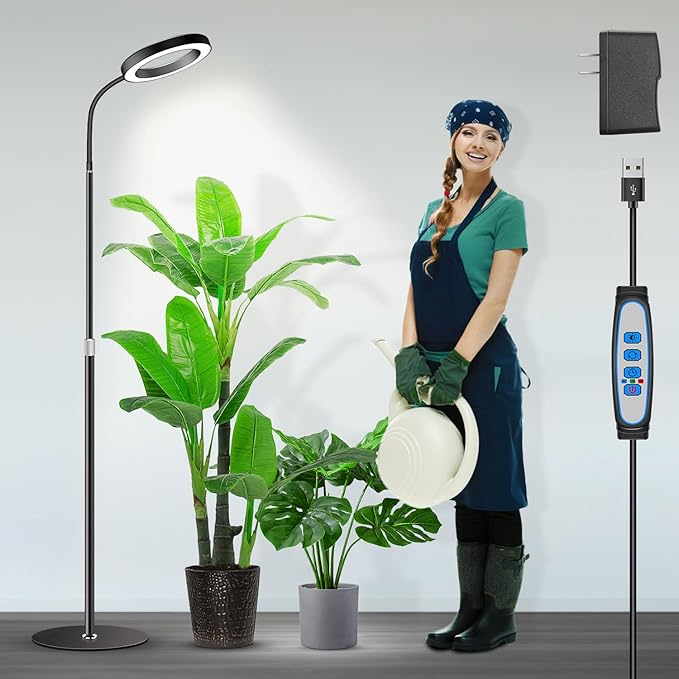 Garpsen Grow Lights for Indoor Plants Full Spectrum LED Plant Light with Stand 3 Color Modes Floor Grow Lamp with Timer 6/12/16H 5 Dimmable Levels 67'' Adjustable Height for Large Plants