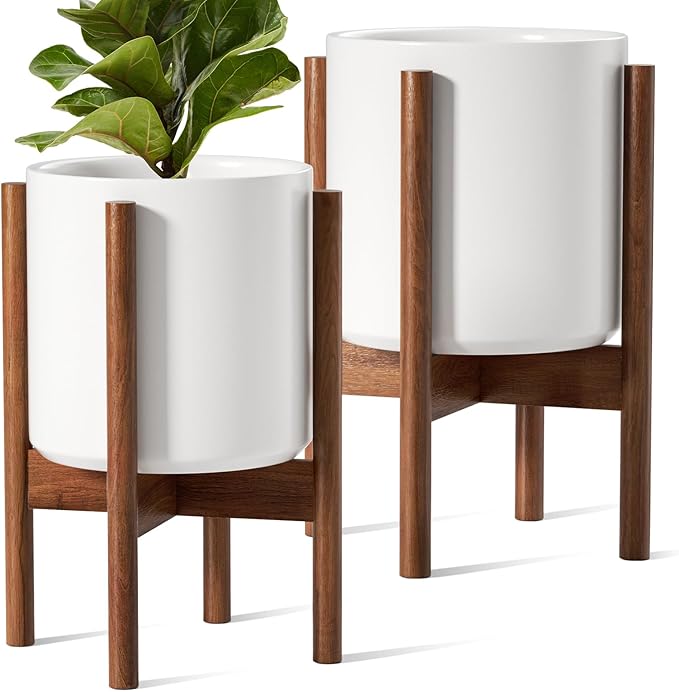 LE TAUCI Indoor Planter with Stand 10 + 8 Inch Set of 2 Ceramic Pot for Indoor Plants with Acacia Wood Holder Mid-Century Modern Home Decor Round Flower Pots with Drainage Hole White
