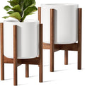 LE TAUCI Indoor Planter with Stand 10 + 8 Inch Set of 2 Ceramic Pot for Indoor Plants with Acacia Wood Holder Mid-Century Modern Home Decor Round Flower Pots with Drainage Hole White