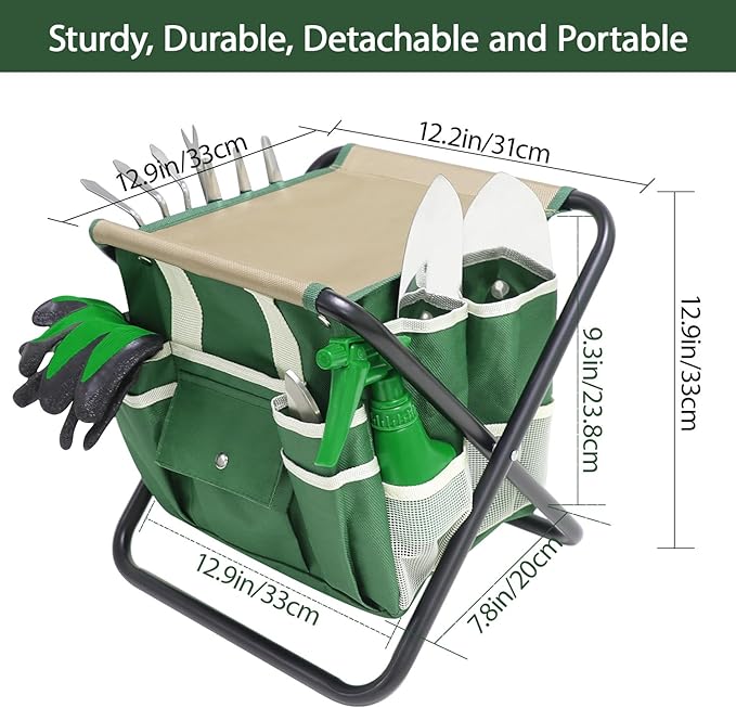 Garden Tool Set 10 Piece Kit with Heavy Duty Folding Stool Detachable Storage Tote Bag Stainless Steel Tools Gifts for Women Men Green