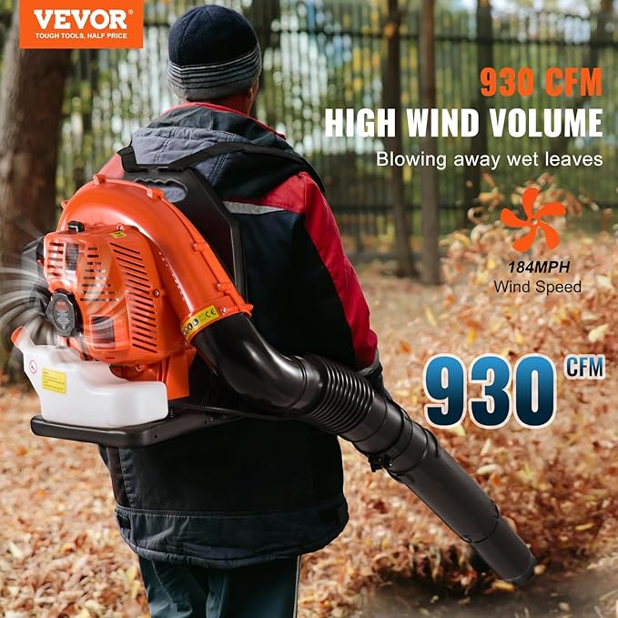 VEVOR 79cc Backpack Gas Leaf Blower 2-Cycle Gas Powered Backpack Blower with 3L Fuel Tank 930CFM Air Volume 184MPH Speed Ideal for Lawn Care