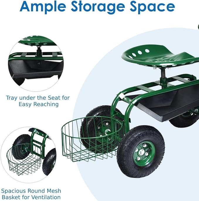 Rolling Garden Cart with Seat Heavy Duty Gardening Scooter w/Wheels Storage &amp Extendable Steering Handle Garden Work Seat for Planting Green