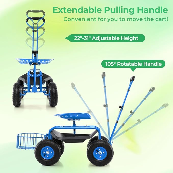 Garden Seat with Wheels Rolling Stool with Extendable Handle Storage Basket &amp Tool Tray Garden Scooter with 360 Degree Swivel Seat for Outdoor &amp Yard (Blue)