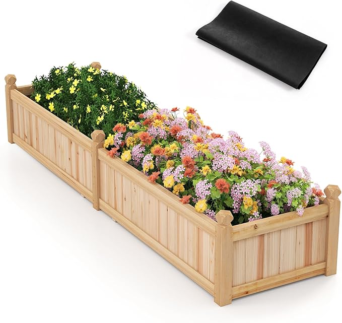 Giantex Wood Raised Garden Bed Planting Bed with Corner Drainage Non-Woven Liner for Growing Vegetables Flowers Herbs Fruits 89”x23.5”x16” Divisible Planter Box for Backyard Garden Lawn