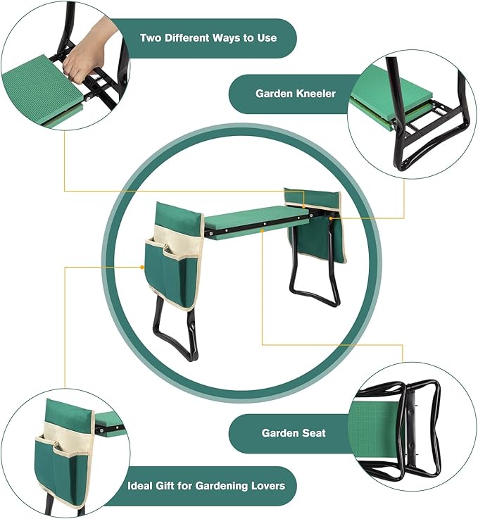 Uten Garden Kneeler Seat with Handles Portable Folding Gardening Stool Kneeling Stool Pad with 2 Bag
