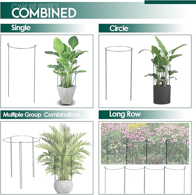 12 Pack 24 inch Plant Support Stakes Half-Round Metal Garden Flower Stakes Large Peony Support Ring and Cage for Indoor and Outdoor Plants Hydrangea Tomato Rose Monstera with Plant Ties