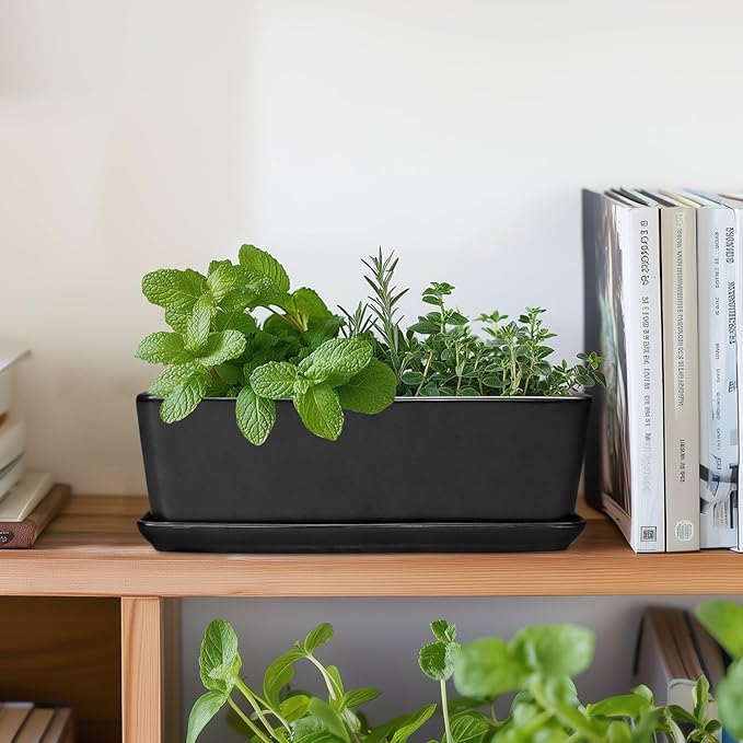 SQOWL Rectangle Planter - 10 Inch Ceramic Plant Pots with Drainage Hole and Saucer Rectangular Succulent Planters for Indoor Plants Flower Cactus Herb Pots Outdoor Room Decor Garden Gifts Black
