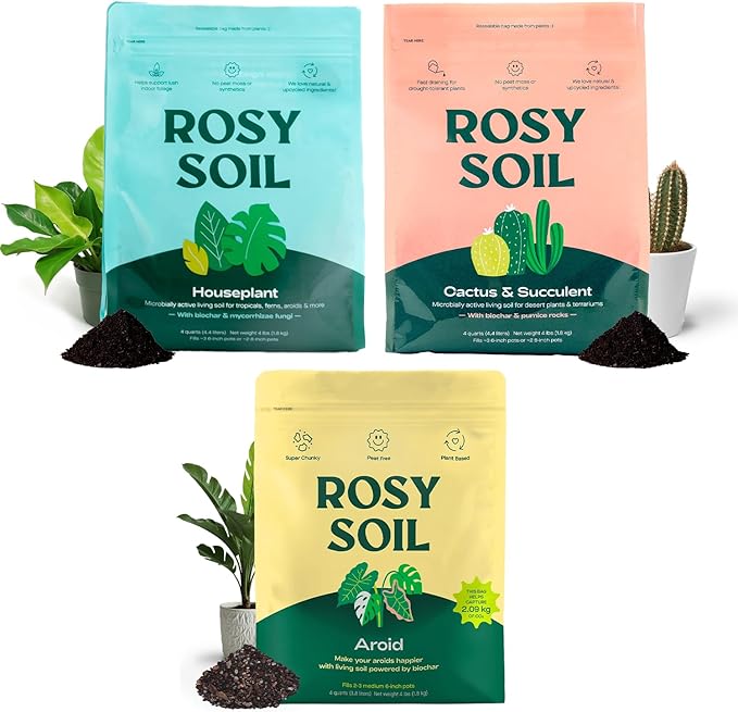Rosy Soil Indoor Plant Soil Bundle - Houseplant Aroid &amp Cactus Potting Mixes - Peat-Free Biochar-Powered Living Soil for Indoor Gardening - 3 × 4 Qt