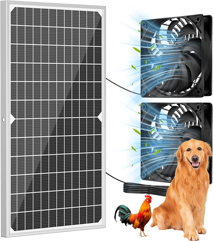 Solar Powered Fan Kit 17.72 Inch IPX7 Weatherproof 22W Solar Panel with 2 Waterproof Fans Intake or Exhaust Air Fan for Outside Backyard Chicken Coops Greenhouses Doghouse