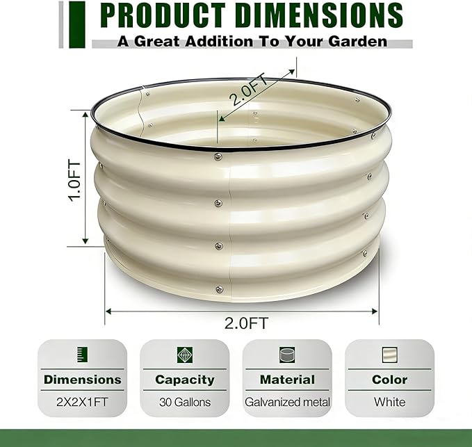 GrowHaus 2Pack 2x2x1FT Galvanized Raised Garden Bed Planter Boxes Outdoor Round Metal Garden Beds for Planting Vegetables Flowers Herbs White