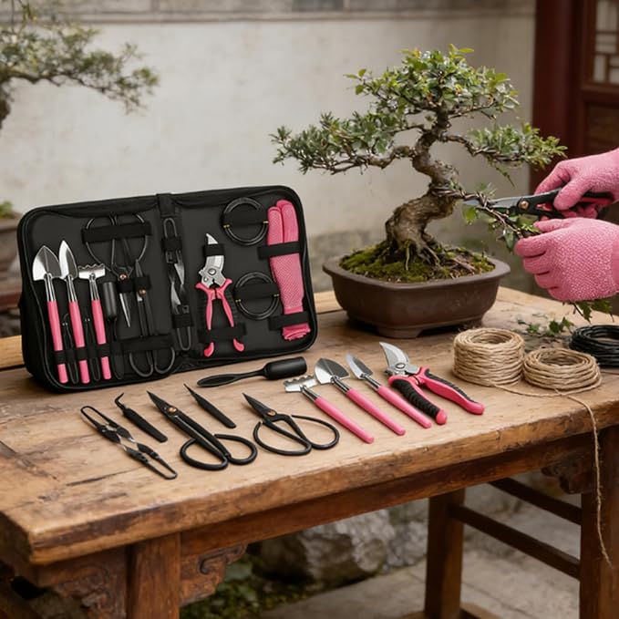 Bonsai Tool Kit High Carbon Steel Bonsai Tools Set Include Pruning Shears Scissors Trowel Rake PU Leather Bag and More Portable Garden Tool Set