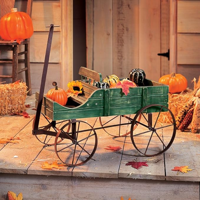 Collections Etc Amish Wagon Decorative Indoor/Outdoor Garden Backyard Planter Green