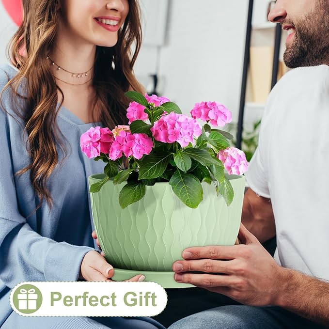 12 Inch Large Plant Pots for Indoor or Outdoor Plants Wide Water Ripples Flower Pots with Drainage Holes &amp Saucer Plastic Planters Set for Garden &amp Home Decor (Green)