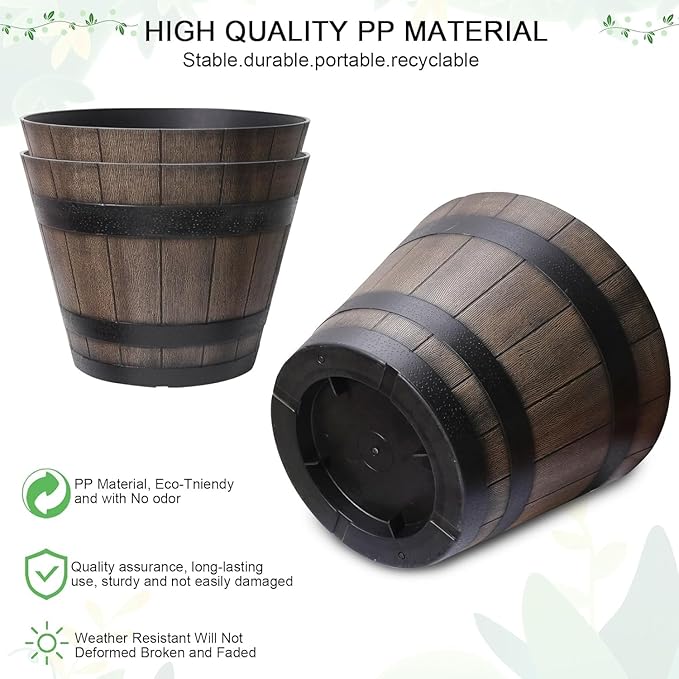 Large Plant Pots 22.25 Inch 2 Pack Plastic Whiskey Barrel Planters Big Flower Pots Wine Barrel Design for Outdoor Indoor Garden Porch Patio Backyard