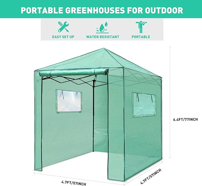 PexFix 6'x 5' Portable Walk-in Greenhouse Easy Setup Indoor/Outdoor 2 Roll-Up Mesh Windows Roll-Up Zipper Door Green
