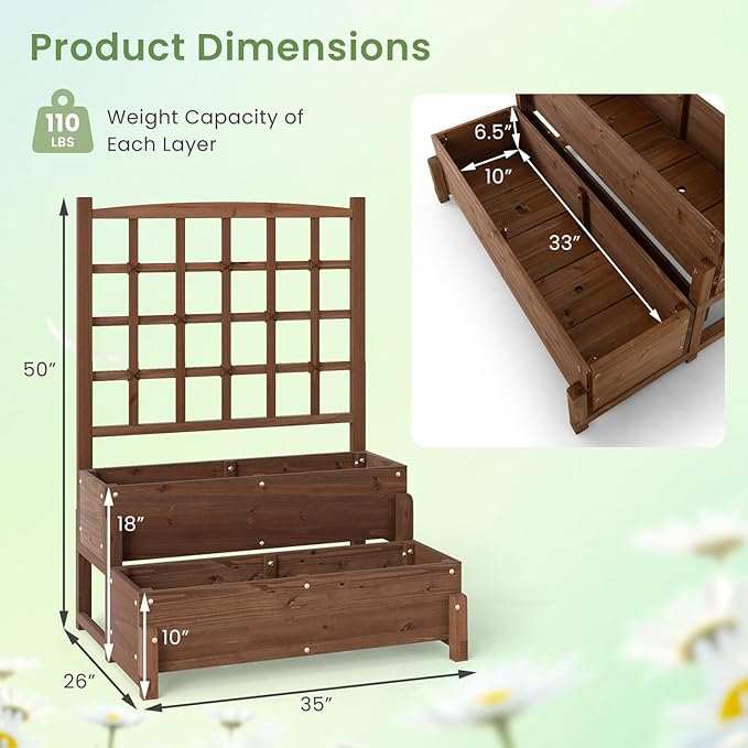 HAPPYGRILL Raised Garden Bed with Trellis Drainage Holes 2-Tier Wooden Elevated Planter Box w/Legs for Climbing Plants Vine Flower Herb Vegetable Fruit Outdoor Garden Box for Patio Balcony (2)