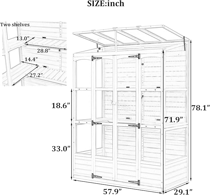 Polibi Wooden Greenhouse Cold Frame Portable Greenhouse with 2 Folding Middle Shelves and 4 Independent Skylights for Indoor Outdoor Patio Balcony Garden 57.9 Lx29.1 Wx78.1 H White