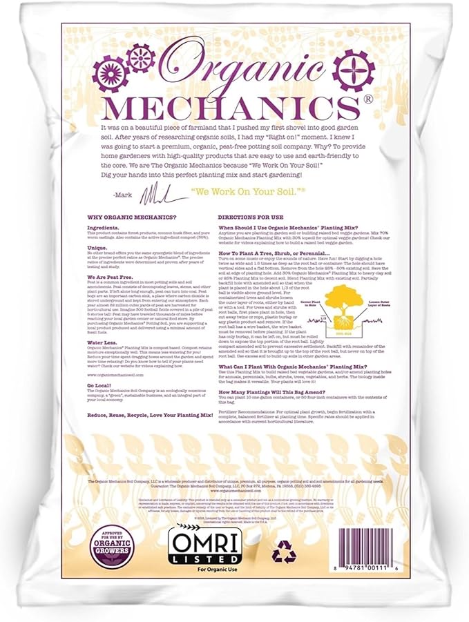 Organic Mechanics Planting Mix Compost Blend 1 Cu Ft - Revitalizes Garden Soil with Compost Pine Bark Coconut Coir and Worm Castings for Raised Beds Gardens &amp More - Peat-Free &amp Eco-Frien