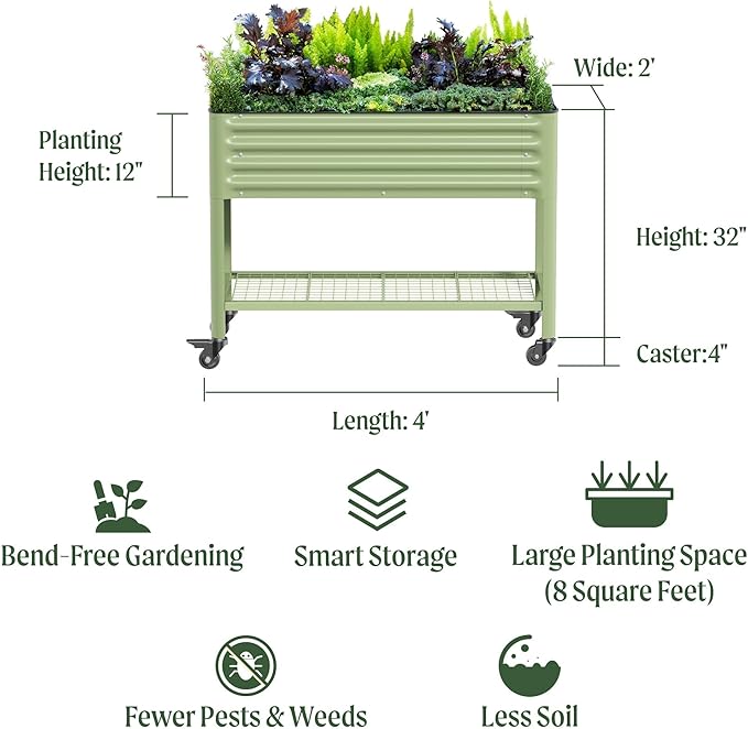 Rolling Elevated Raised Garden Bed-V Series 2' x 4' Garden Beds with Legs &amp Storage Rack for Patio &amp Porch 700 Lbs Weight Capacity Outdoor Planter Box for Vegetables Flower Herbs Modern Gr