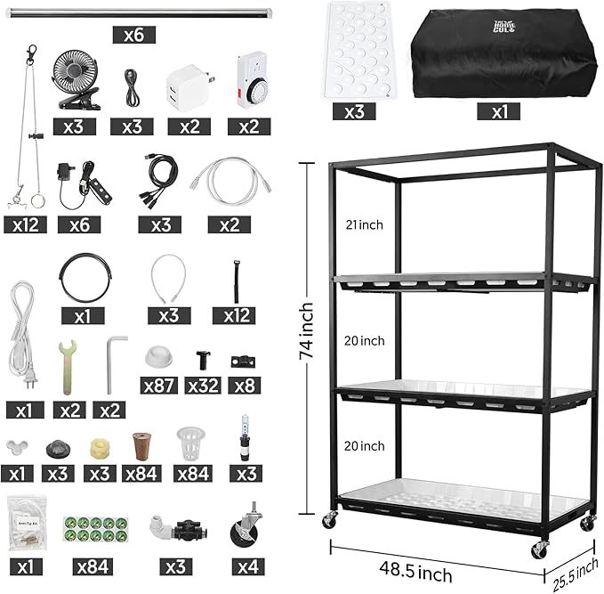 Indoor Greenhouse with Full Spectrum LED Grow Light and Tent Indoor Hydroponics Growing System with Watertight Plant Shelf Trays 3-Tier Metal Plant Stand with Wheels Microgreens Growing Kit