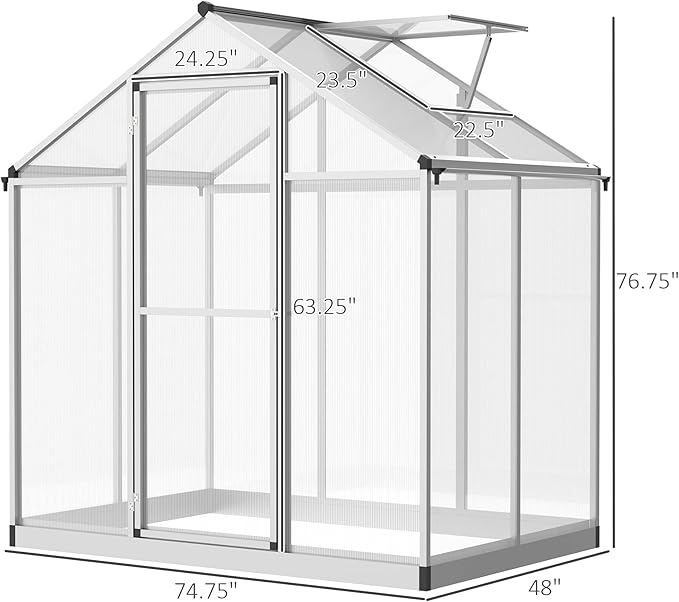 Outsunny 4' x 6' Greenhouse for Outdoors Polycarbonate Greenhouse with Rain Gutter and Roof Vent Aluminum Walk-in Green Houses for Outside Patio Backyard Garden