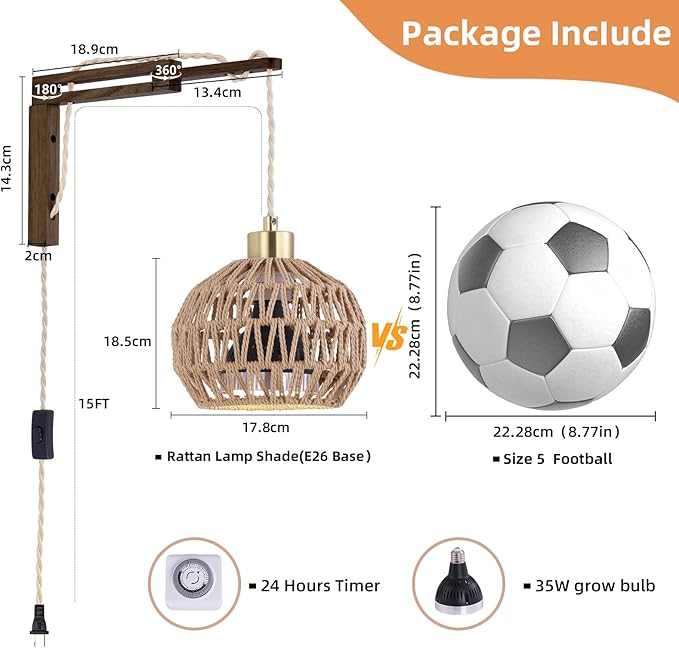 Hanging Grow Lights for Indoor Plants - 35W 4000K Full Spectrum Plant Light Wall Mounted Grow Light with Wooden Bracket Timer 15FT Power Cord Ideal for Plants Flowers &amp Home Decor