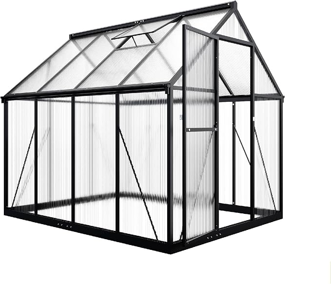 VIWAT 6x7.5 FT Greenhouse for Outdoors Polycarbonate Greenhouse with Quick Setup Structure and Roof Vent Aluminum Large Walk-in Green House for Outside Garden Backyard Black