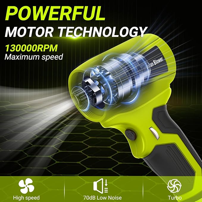 Handheld Leaf Blower for Ryobi 18V Battery 130000 RPM Brushless Cordless Blower with 5 Nozzles Variable Speed Lightweight Blower for Indoor and Car Interior Cleaning Tasks (No Battery)