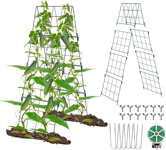 Heavy Duty 48x16 Adjustable A-Frame Cucumber Trellis for Climbing PlantsiGreely Foldable Frame Rust-Proof Metal Trellis with Dense GridPerfect for Raised Beds GardenTomatoesOutdoor(Green)