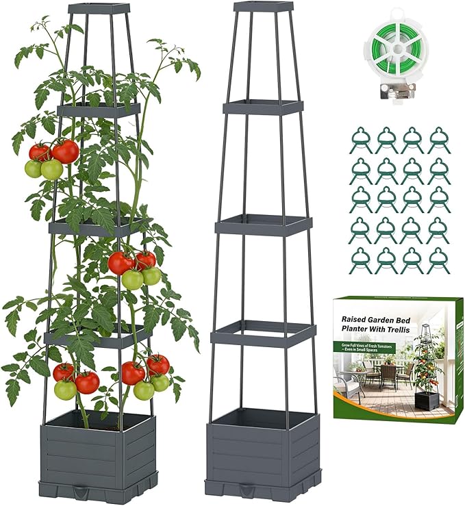 Suteck Raised Garden Bed Planter Box with Trellis 2-Pack Self-Watering Tomato Planter with Adjustable Height Steel Support Frame for Climbing Plants Tomato Cages for Patio Balcony &amp Outdoor