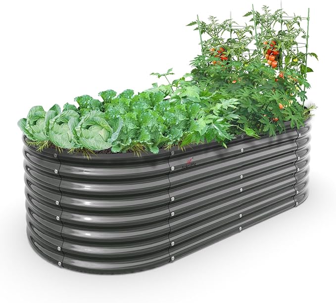 A ANLEOLIFE 6X3X2 ft Galvanized Raised Garden Beds Outdoor Oval Large Metal Deep Root Planter Box for Planting Vegetables Flowers Herb Anti-Rust &amp Easy-Setup Quartz Grey