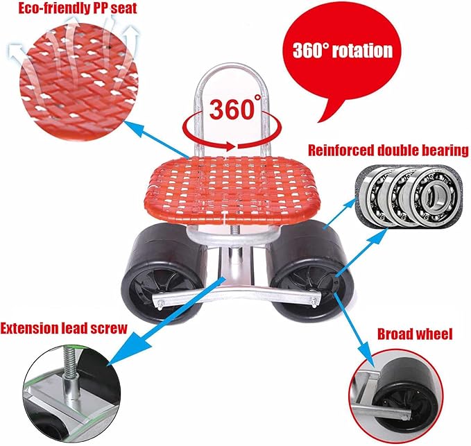 Adjustable Rolling Garden Cart with Seat Rotatable Lifting Wheeled Garden Stool Work Chair for Gardening and Household Tasks Planting(RedTwo Wheels)