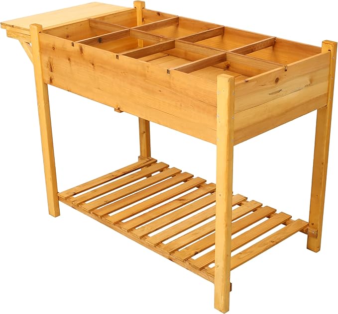 8 Pockets Horticulture Raised Garden Bed Elevated Wood Planter Box Stand with Foldable Side Table and Storage Shelf for HerbVegetablesFlowers