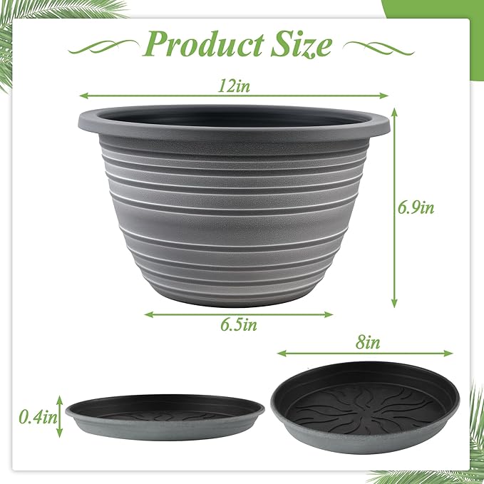 Large-Planter-Indoor-Outdoor Plant Pots 12 inch 3 Pack Plastic Flower Pots with Saucer and Drainage Holes Retro Antique Imitation Decorative Garden Containers Sets for Houseplant