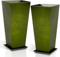 Worth Garden 28 Large Metal Glazed Planter Set of 2 Luxurious Glossy Finish Green Tall Square Tapered Steel Plant Pots Decor Flower Pot Indoor &amp Outdoor Drainage Hole &amp Dual-Purpose Plant