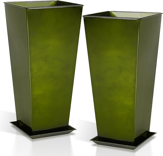 Worth Garden 28 Large Metal Glazed Planter Set of 2 Luxurious Glossy Finish Green Tall Square Tapered Steel Plant Pots Decor Flower Pot Indoor &amp Outdoor Drainage Hole &amp Dual-Purpose Plant