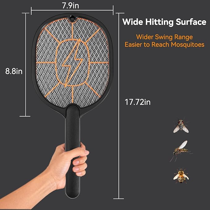 2-Pack Electric Fly Swatter – Battery Powered Mosquito &amp Bug Zapper Racket with Safe Mesh &amp Wall-Mount Design for Indoor and Outdoor Use (Black &amp Gray)