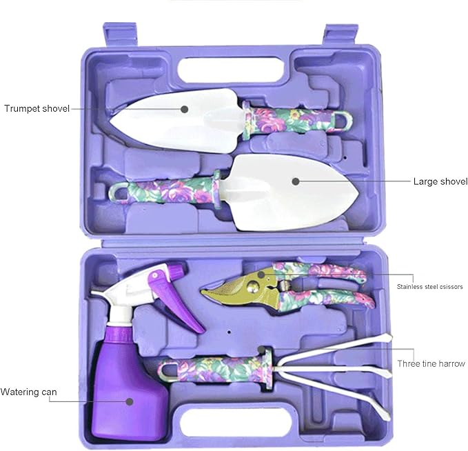 Anti-Rust Garden Tool Set with Carrying Case 5 Piece Stainless Steel Gardening Kit with Floral Pattern Grass Flower Branch Trimmer Garden Hand Tool Sprayer Farmer Box Gardening Tool for Adults Kids