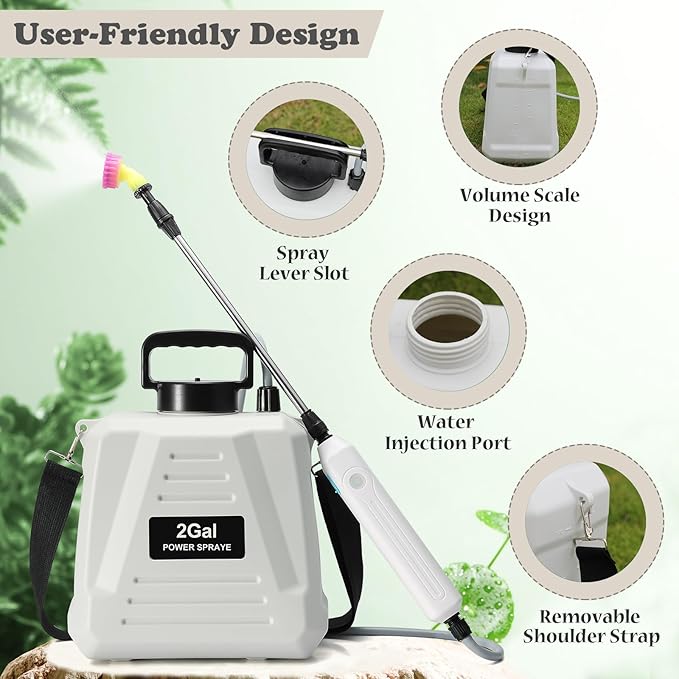 Battery Powered Sprayer 2 Gallon Powerful Electric Garden Sprayer with 3 Mist Nozzles USB Rechargeable Handle Retractable Wand and Adjustable Shoulder Strap for Irrigation Weeding (White)