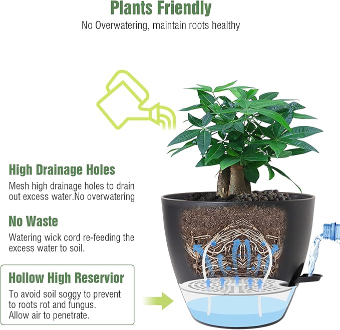 12 inch Large Self Watering Pots Plastic Planters with 60oZ Removable Deep Reservoir and Multi Mesh Drainage Holes for Indoor Outdoor Garden Plants and Flowers Black